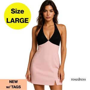 2/for $20 - ROSEDRESS Elegant Pink & Black Lace Mini V-Neck Dress 💖 (Size Large)